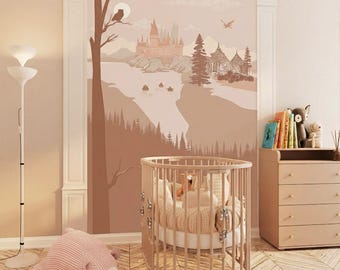 Castle Vertical Wall Mural in Pastel Tones. Removable Decal, Classic Wallpaper or Fabric Backdrop. Magic School, Scandi Kids Nursery Decor