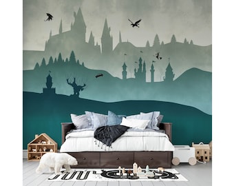 Wizards Castle in Teal Tone - Nursery Removable Wall Mural, Peel & Stick Decal, Nonwoven Wallpaper or Fabric Backdrop. Graphic stucco.
