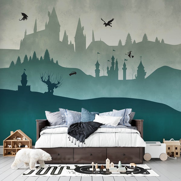 Zaubererschloss in Blaugrün – abnehmbares Wandbild, Abzieh- und Klebeaufkleber, Vliestapete oder Stoffhintergrund. Grafischer Stuck. Benutzerdefiniertes Format.