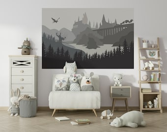 Wizards' Castle Wall Mural 37"h x 58"w (95x148 cm) in 4 color palettes. Decal, Sticker. Nursery decor. Self-adhesive, Removable.