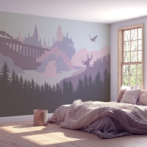 View on the Wizards' Castle in the Lavender and Blush - Self-adhesive Removable Mural, Decal, Wallpaper, Backdrop. Nursery design, custom