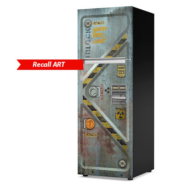 May include: A refrigerator with a weathered, industrial design. The door features a metal panel with yellow and black diagonal stripes, caution labels, and the text "IRLOCK". The red banner reads "Recall ART".