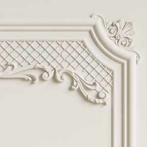 May include: White ornate molding with a decorative grid pattern and intricate floral details. The molding is made of plaster or a similar material and has a smooth, polished finish.