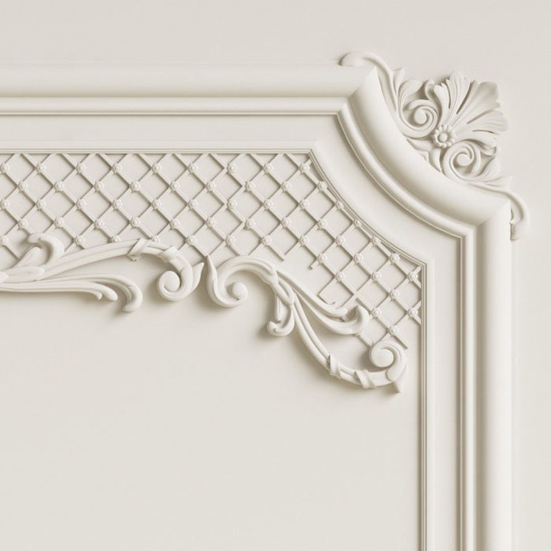 May include: White ornate molding with a decorative grid pattern and intricate floral details. The molding is made of plaster or a similar material and has a smooth, polished finish.