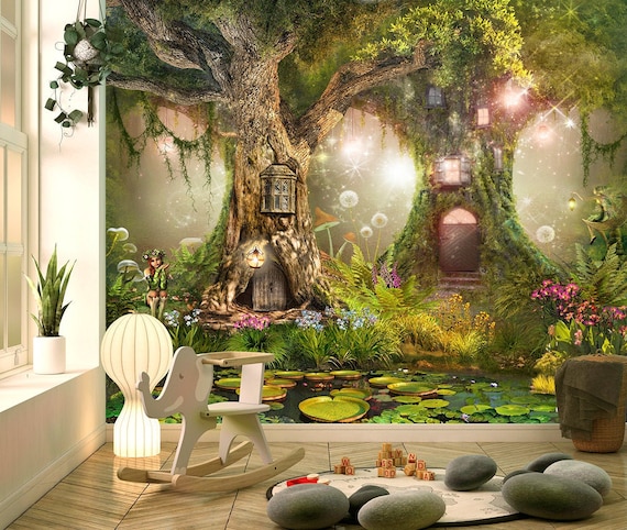 Fairy Forest Houses Self-adhesive Removable Mural, Decal, Nursery Decor,  Tapestry, Backdrop. Interior Design, Custom Size 