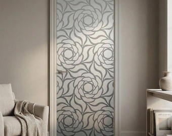 Silver Rose Door Mural. Faux Frosted Glass Effect, Abstract Floral Door Sticker, Peel & Stick Vinyl Decal, Removable Modern Grey Home Decor
