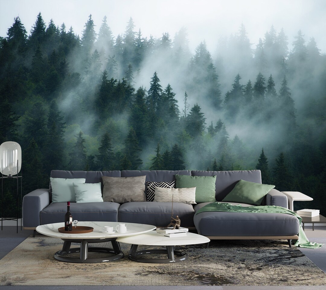 Misty Forest in Fog - Self-adhesive Removable Mural, Decal, Wallpaper ...
