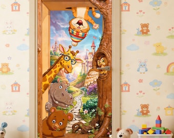 3D Cartoon Animals Door Mural, Peel & Stick Nursery Door Decal, Fairy Tale Fun Door Wrap for Kids Room, Giraffe Hippo Bear Cat Nursery Decor