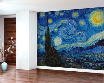 Van Gogh The Starry Night Wall Mural - Removable Vinyl self adhesive wallpaper, decal. Painting, art. Custom size