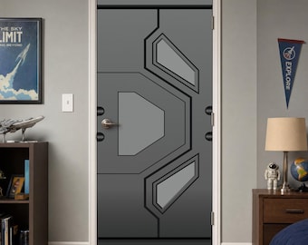 Grey Door Mural Sci-Fi Starship Peel and Stick Futuristic Enterprise Spaceship Decal. Size: 36x84 inches