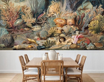 Vintage Sea Life Wall Mural | 19th Century Ocean Biology Peel and Stick Wallpaper Above Wainscoting