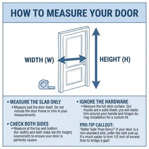 May include: Diagram illustrating how to measure a door for width and height. The image includes a door illustration, arrows indicating measurements, and text instructions. A measuring tape is also shown.