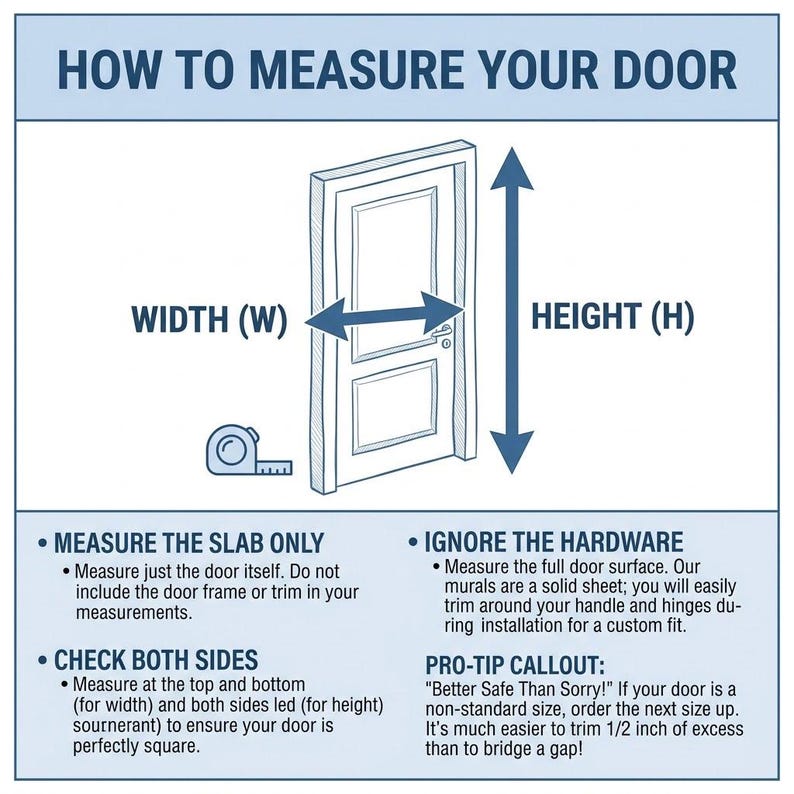 May include: Diagram illustrating how to measure a door for width and height. The image includes a door illustration, arrows indicating measurements, and text instructions. A measuring tape is also shown.