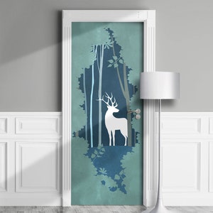 Peinture murale de porte Magic Deer - Forest Defender. Autocollant pour fenêtre, autocollant mural, autocollant pour réfrigérateur, affiche autocollante, autocollant, emballage, collage, tapisserie