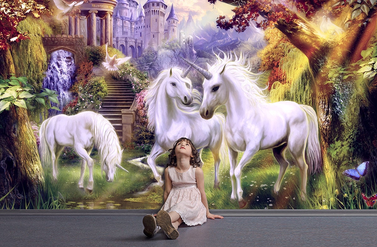 Buy Fantasy Unicorns Near Castle - Wall Mural, Nursery Removable Decal or  Non Woven Wallpaper. Online in India - Etsy, image size:1200x787