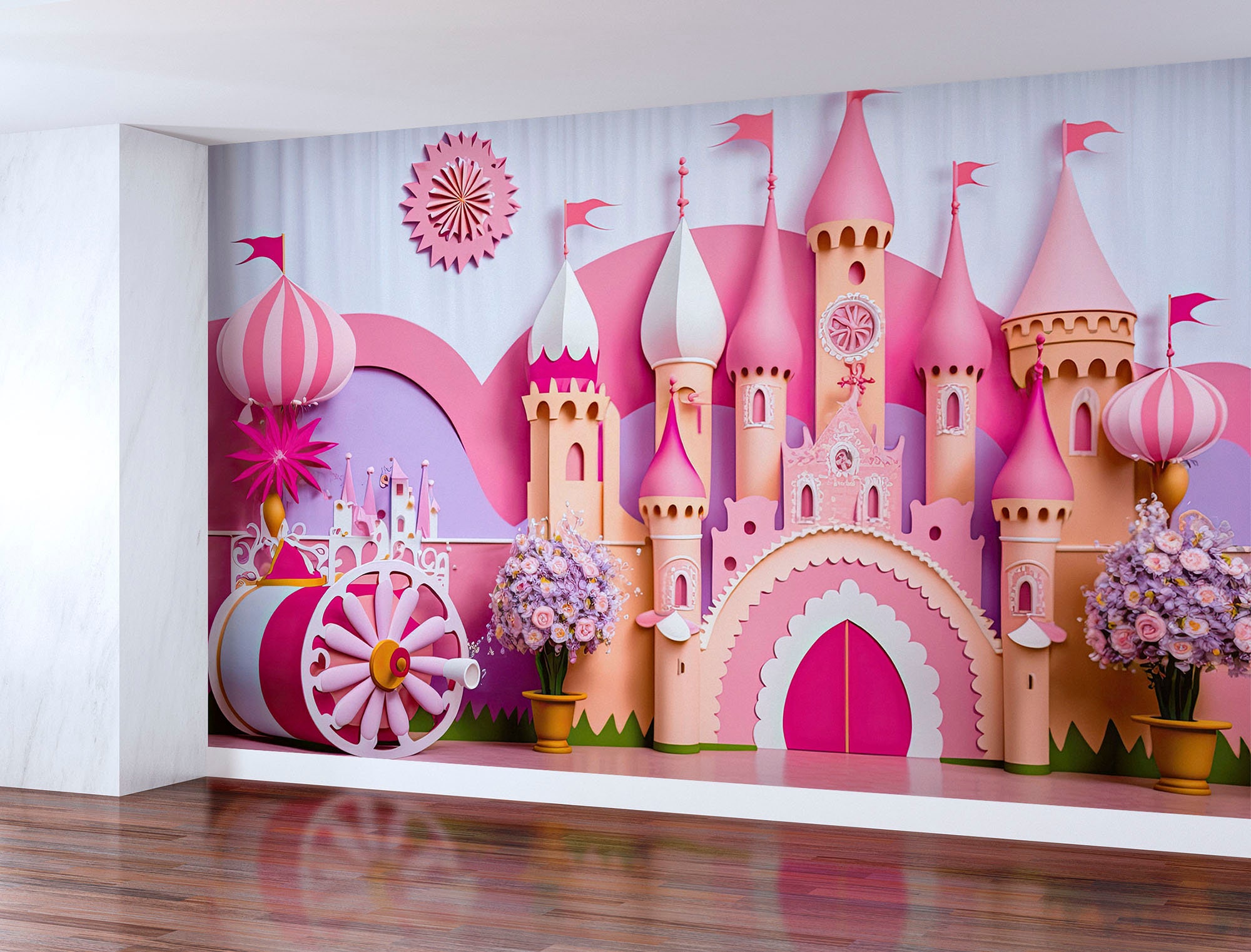 Pink String of Castles Mural Cartoon Childrens Art Moisture Resistant Wall  Art for Nursery - Clearhalo