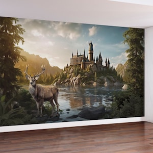 Castello sul lago - Adesivo murale rimovibile, decalcomania, carta da parati, fondale. Vista dalla foresta con cervi magici. Arte murale per la progettazione della cameretta dei bambini