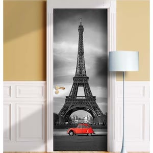 Paris Retro Eiffel Tower - Mural for Door, Wall, Fridge, Sticker, Peel and Stick Cover, Self-adhesive Decal, Wrap, Cling. ALL DOOR SIZES