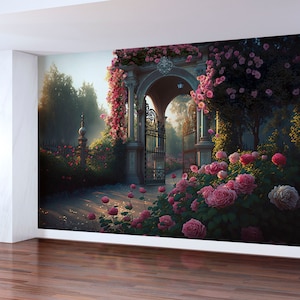 Garden with Arbor - Self-adhesive Removable Mural, Decal, Wallpaper, Backdrop. Flower Fantasy Nursery design, custom size