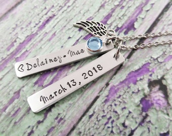 Infant memorial necklace Infant Loss Gift Name And Birthstone Necklace Infant Loss Jewelry Angel Wing