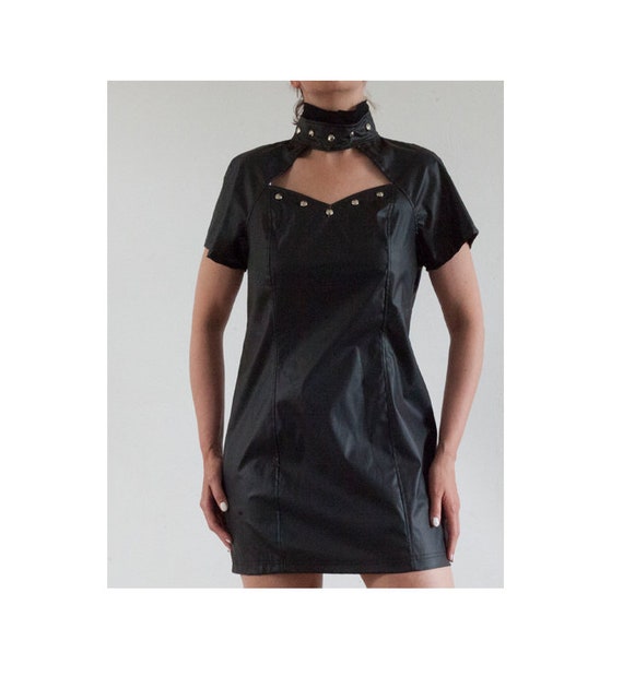 Faux leather black vintage mini dress, Bondage wea
