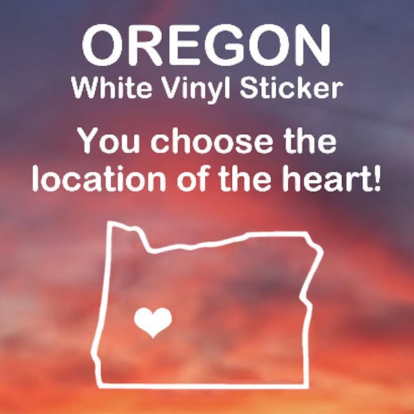 Oregon sticker - Heart placed over any city! White vinyl decal for car, window, water bottle, computer, and more