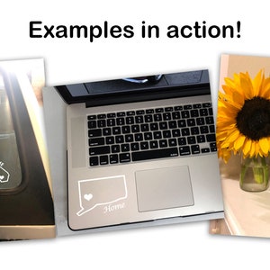 May include: Three examples of state outline stickers with a heart in the state. The stickers are on a car window, a laptop, and a water bottle. The text "Home" is on the laptop and car window stickers.