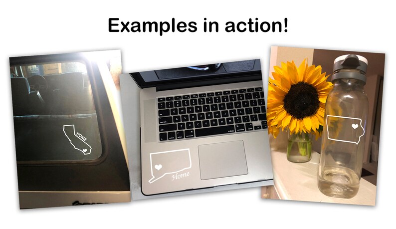May include: Three examples of state outline stickers with a heart in the state. The stickers are on a car window, a laptop, and a water bottle. The text "Home" is on the laptop and car window stickers.