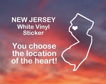 New Jersey sticker - Heart placed over any city! White vinyl decal for car, window, water bottle, computer, and more