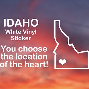 Idaho sticker - Heart placed over any city! White vinyl decal for car, window, water bottle, computer, and more