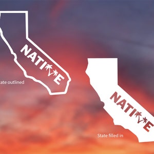 May include: An outline of the state of California with the word "NATIVE" and palm trees inside. The state is also shown filled in with the same text.