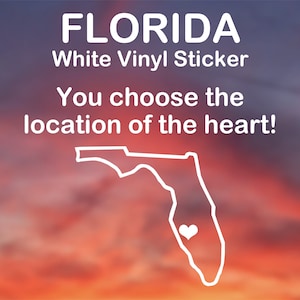 Florida sticker - Heart placed over any city! White vinyl decal for car, window, water bottle, computer, and more