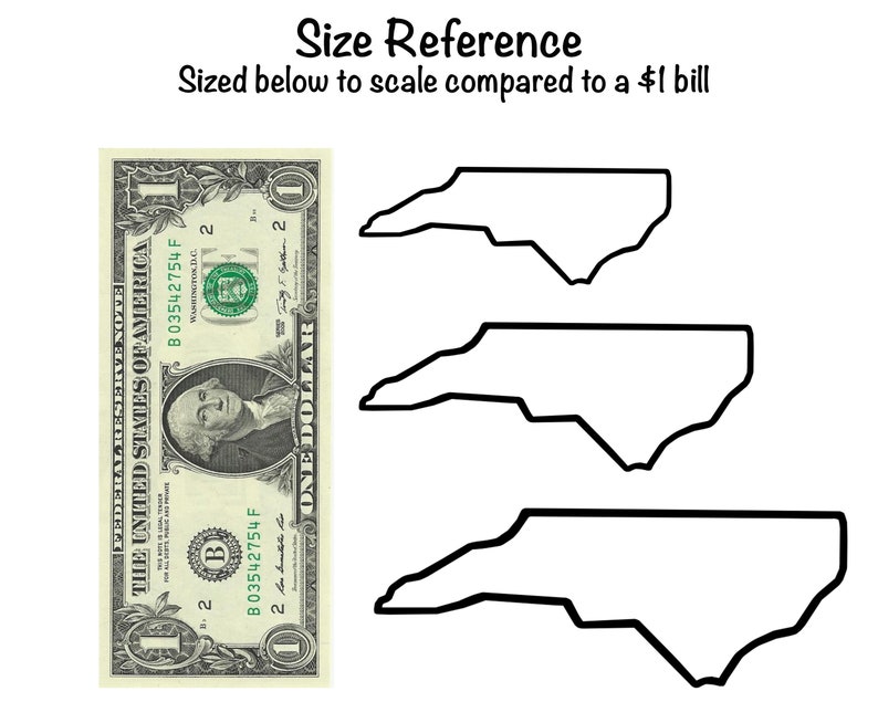 May include: A black and white outline of the state of North Carolina is shown three times, each outline is smaller than the one above it. The outlines are sized to scale compared to a US one dollar bill, which is also shown in the image.