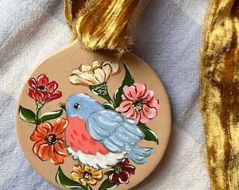 Hand Painted Ceramic Bird Ornament – Floral Vintage Style Ornament with Velvet Ribbon