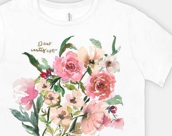 Floral Watercolor Graphic Tee | "Deus Caritas Est" Christian Shirt