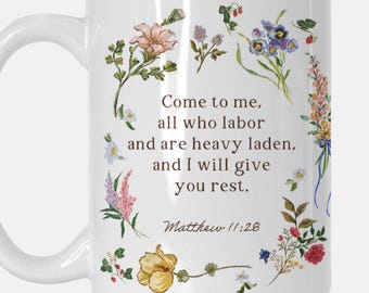 Christian Scripture Mug – Matthew 11:28 Watercolor Floral Bible Verse Coffee Cup