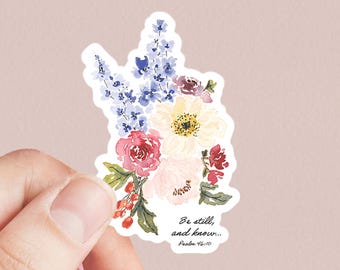 Watercolor Floral Scripture Sticker, Be Still and Know Decal, Wedding Favors, Bridesmaid Gifts