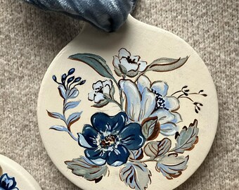 Hand Painted Ceramic Floral Ornament – Vintage Style Ornament with Velvet Ribbon