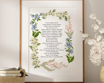 Prayer of St Francis Art Print Christian Home Decor Peace Prayer Gift Cottagecore Floral Painting Wedding Anniversary Gift Framed Walnut Oak