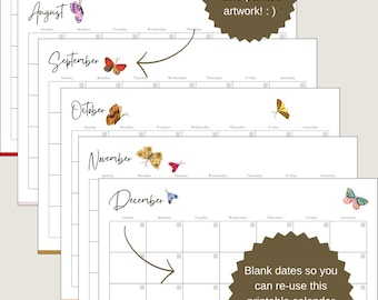 Butterfly Printable Perpetual Calendar: Hand-Painted Artwork (PDF File)