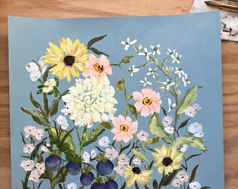 Wildflower Artwork, Original Gouache and Mixed Media Painting
