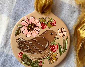 Hand Painted Ceramic Bird Ornament – Floral Vintage Style Ornament with Velvet Ribbon