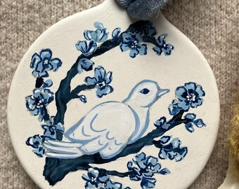 Hand Painted Ceramic Bird Ornament – Floral Vintage Style Ornament with Velvet Ribbon