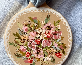 Hand Painted Ceramic Floral Ornament – Vintage Style Ornament with Velvet Ribbon