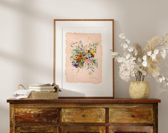 Colorful Floral Giclee Art Print Elegant Farmhouse Flower Painting cottagecore wall decor framed housewarming gift idea for spring wedding