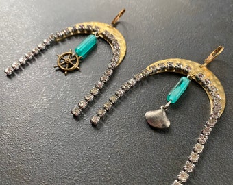 Asymmetrical earrings with a nautical glam theme, Vintage Rhinestone Chain, Vintage Charms