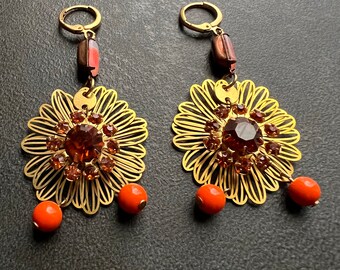 1950s Crystal Flowers, Brass Flower, Crystal Earrings