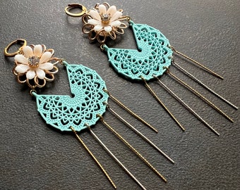 Vintage Rhinestone Flowers, Boho Fringe Earrings