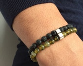 Men bracelet double stone semi precious agate dragon lava stone / men bracelets gemstone natural dragon agate / lesptitskdo