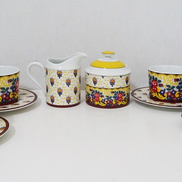 French Porcelain 10 Piece Set ~ 4 Cups & Saucers with Creamer and Sugar ~ Souleiado Spal Solafrance "Traditional Provencal" MINT COND.